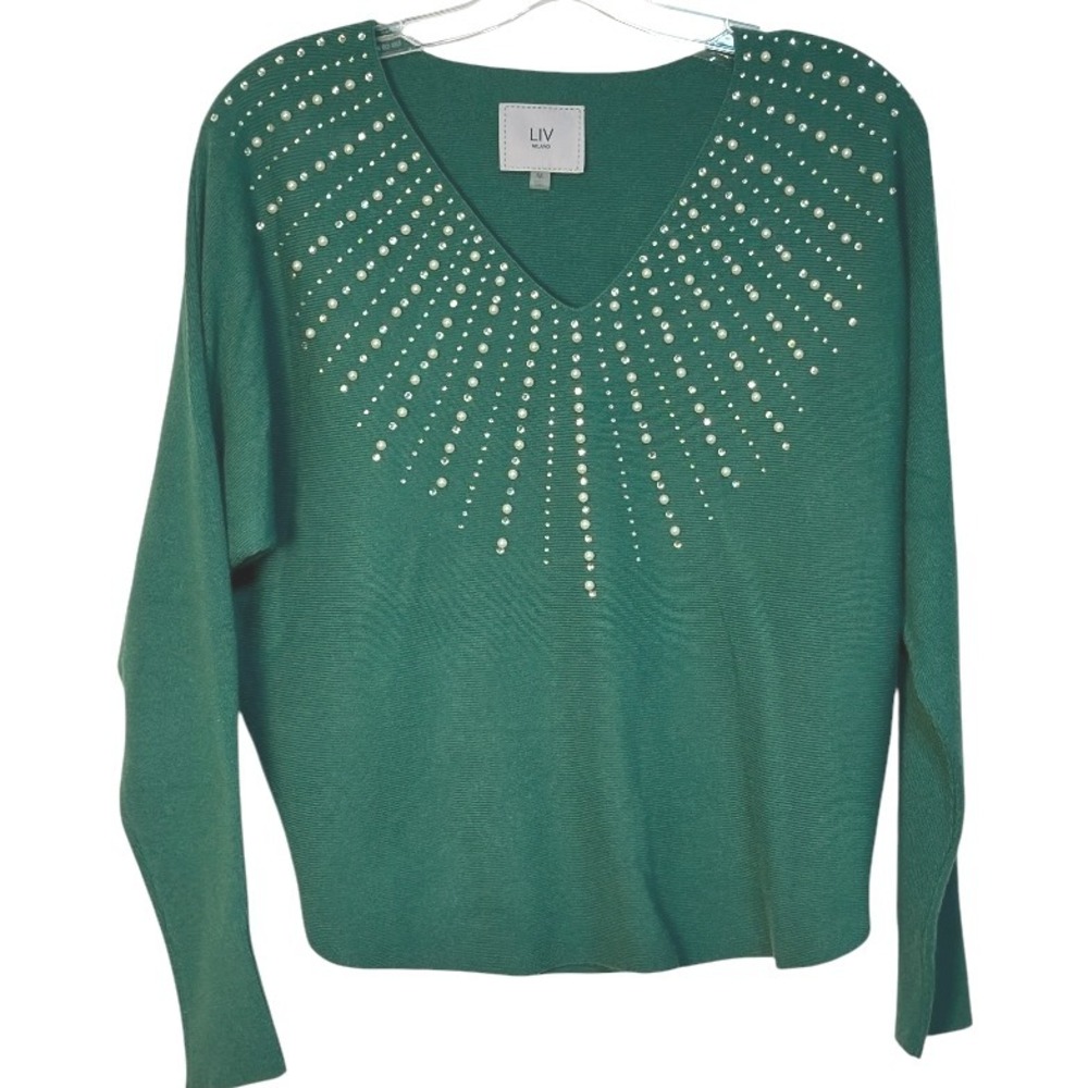 LIV Milano Sweater Pullover Green Embellished‎ V Neck Long Sleeve Knit Sweater M
